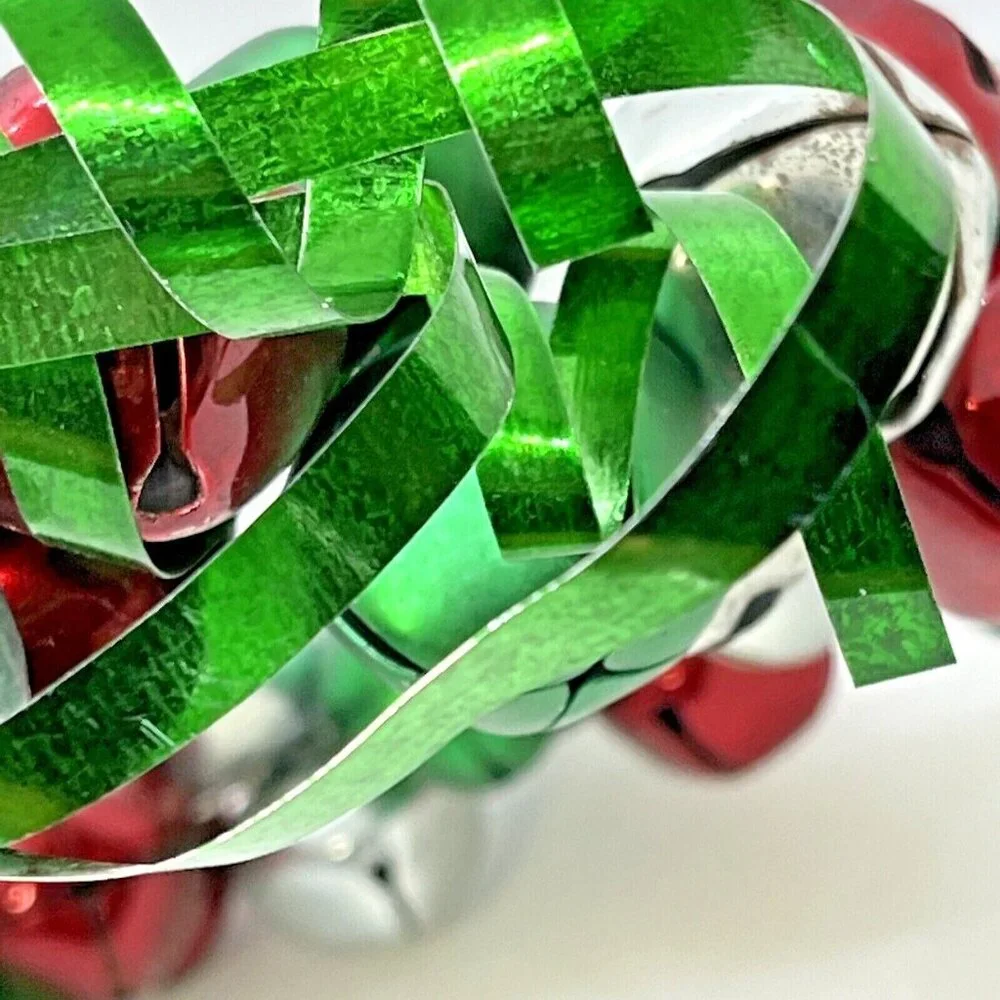 Christmas Jingle Bell Wreath Red Silver Green With Holly Accent Metal